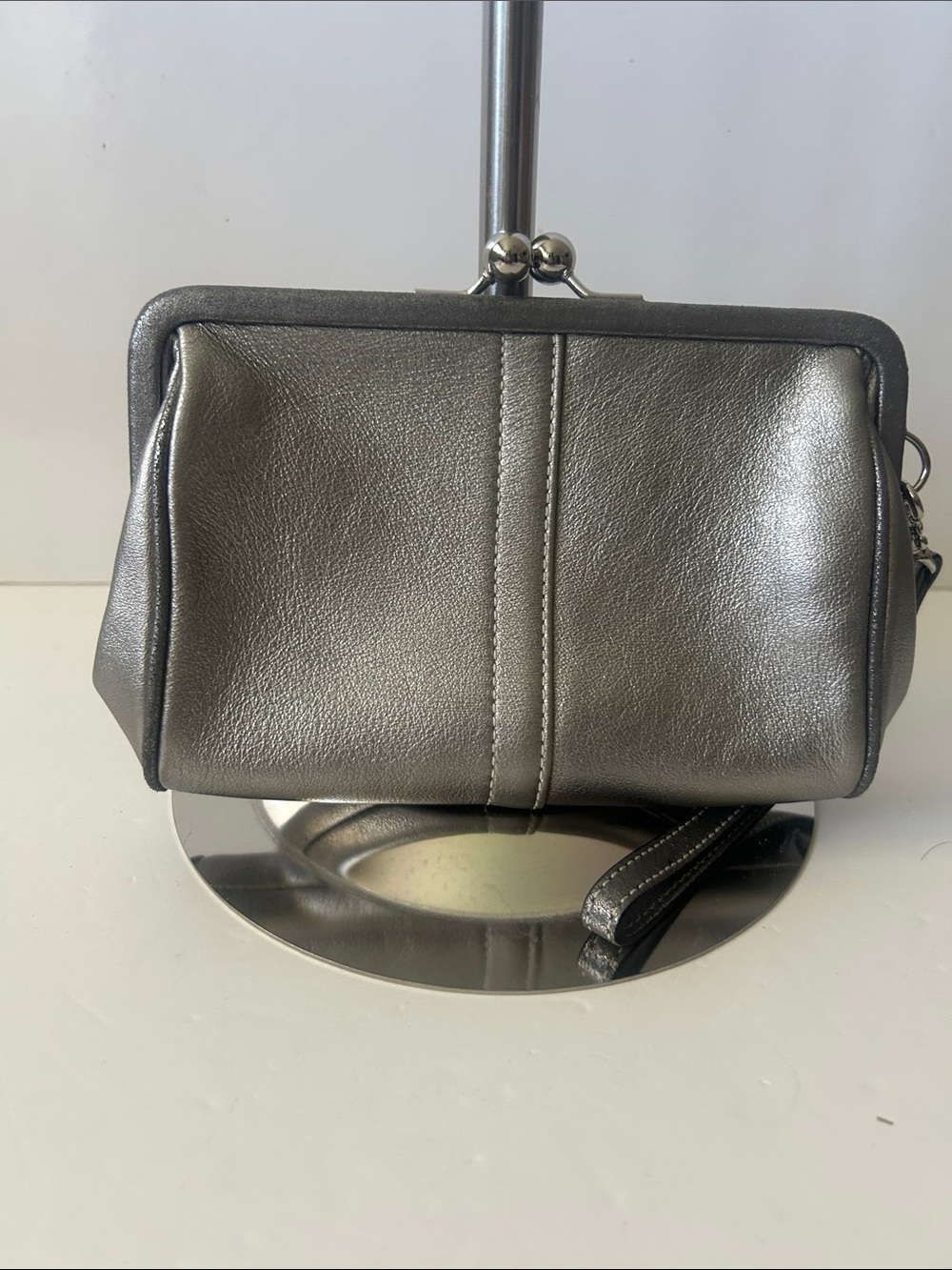 Coach Metallic Gray Leather Wristlet Clutch Kisslock Minimalist Quiet Luxury